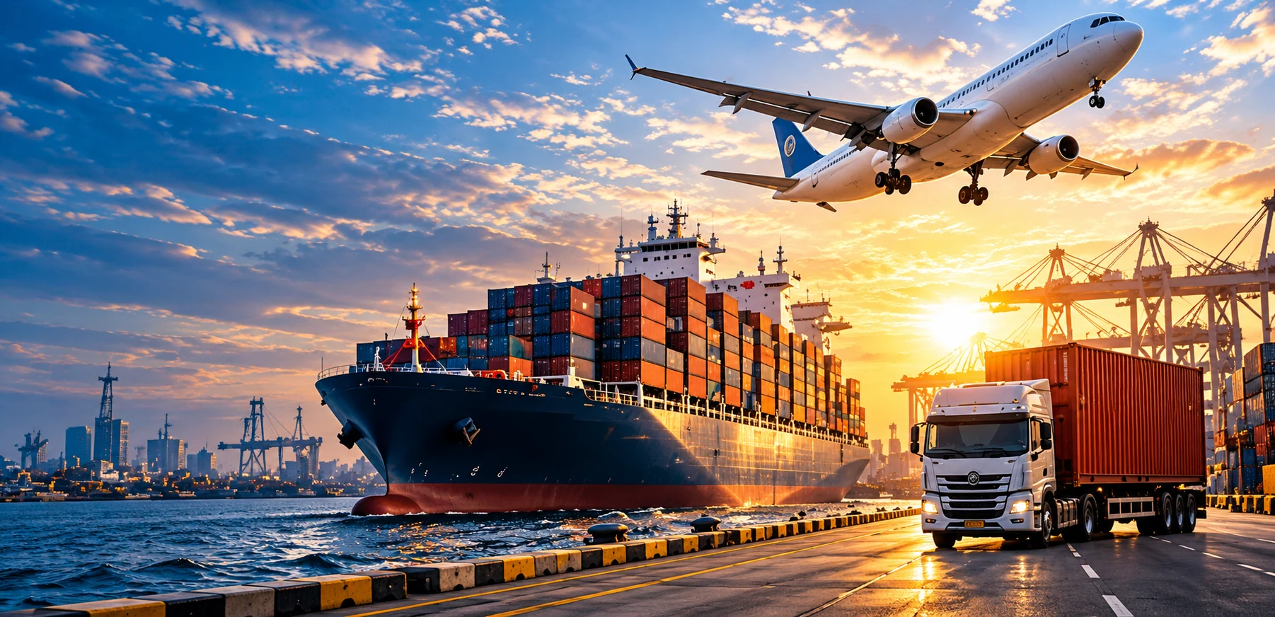 Container ship, aircraft and truck at an international port