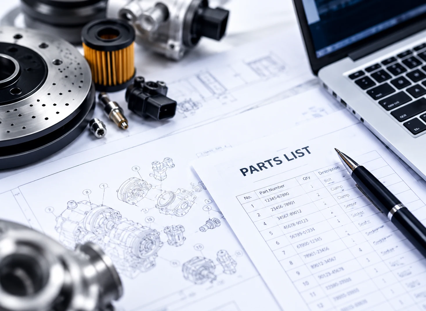 A parts list, technical drawings and parts on a desk